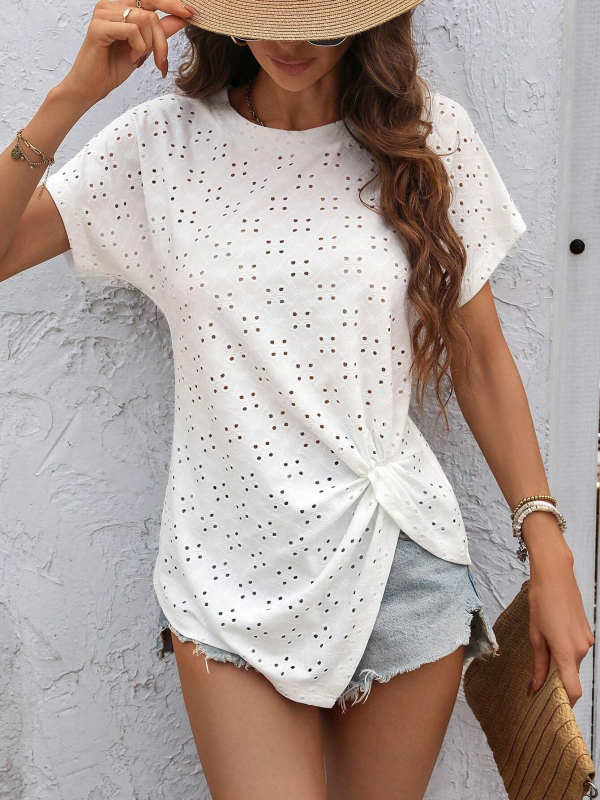 2024 Νέα γυναικεία T‑shirt με Jacquard, πλισέ, στρογγυλή λαιμόκοψη, μονόχρωμο, φρέσκο στυλ