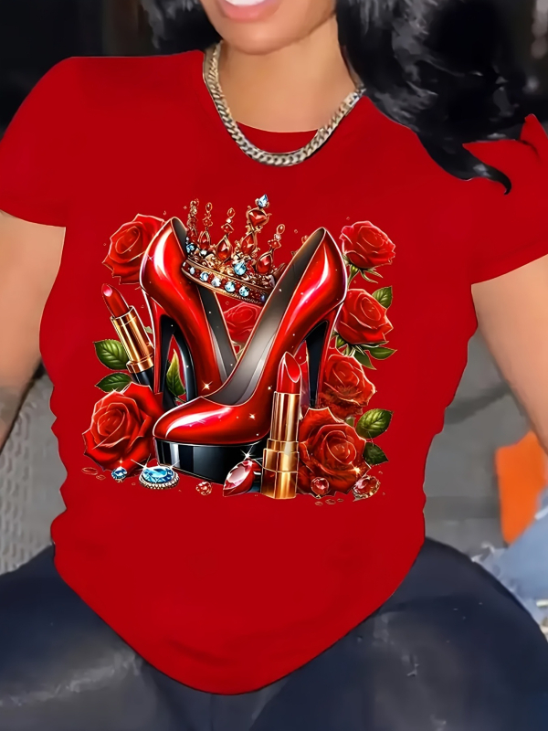 Γυναικείο κόκκινο T‑ shirt με εκτύπωση Birthday Queen, στέμμα και ψηλά τακούνια