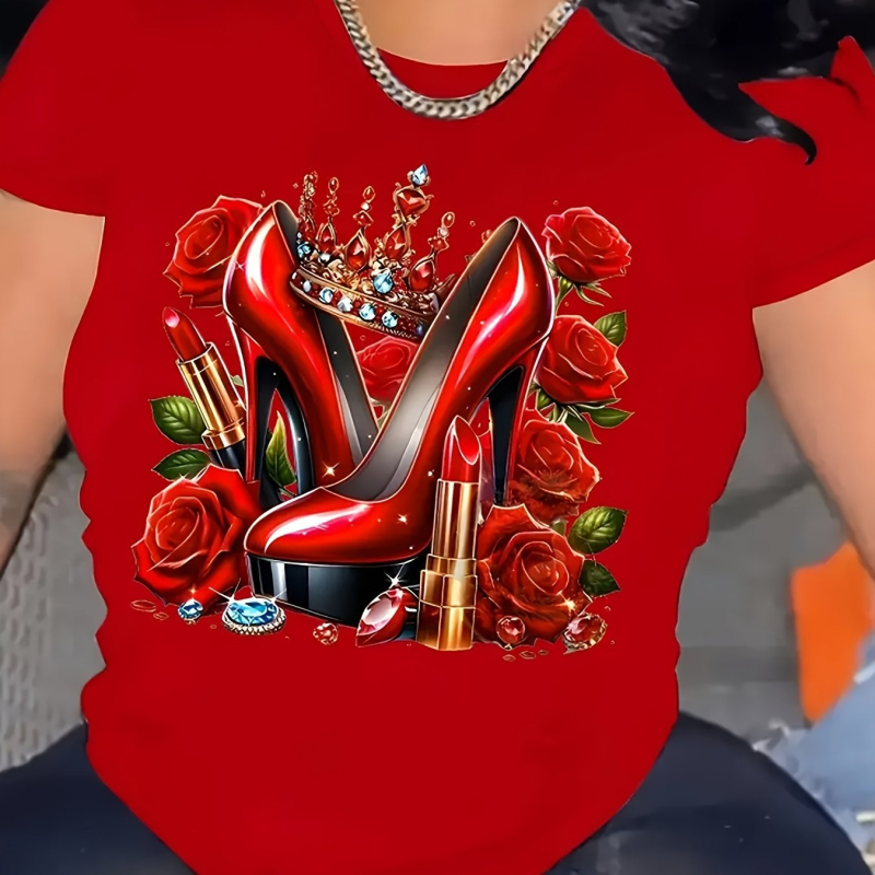 Γυναικείο κόκκινο T‑ shirt με εκτύπωση Birthday Queen, στέμμα και ψηλά τακούνια