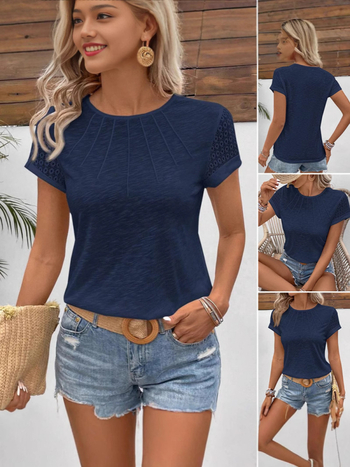 Női egyszínű kerek nyakú T-shirt kivágott panelekkel, 3/4-ös ujjakkal
