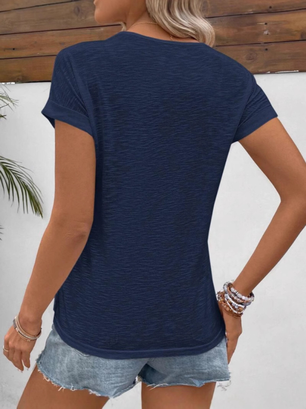 Női egyszínű kerek nyakú T-shirt kivágott panelekkel, 3/4-ös ujjakkal