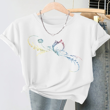 2026 άνοιξη εκτυπωμένο T‑shirt με στρογγυλή λαιμόκοψη, μεγάλο μέγεθος, κοντό μανίκι