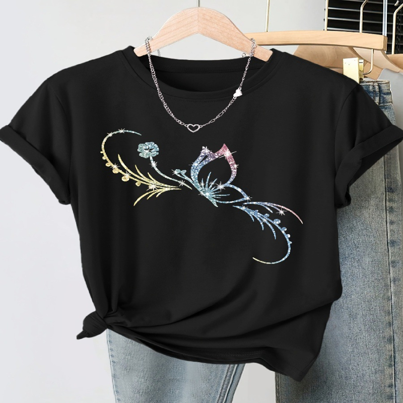 2026 άνοιξη εκτυπωμένο T‑shirt με στρογγυλή λαιμόκοψη, μεγάλο μέγεθος, κοντό μανίκι