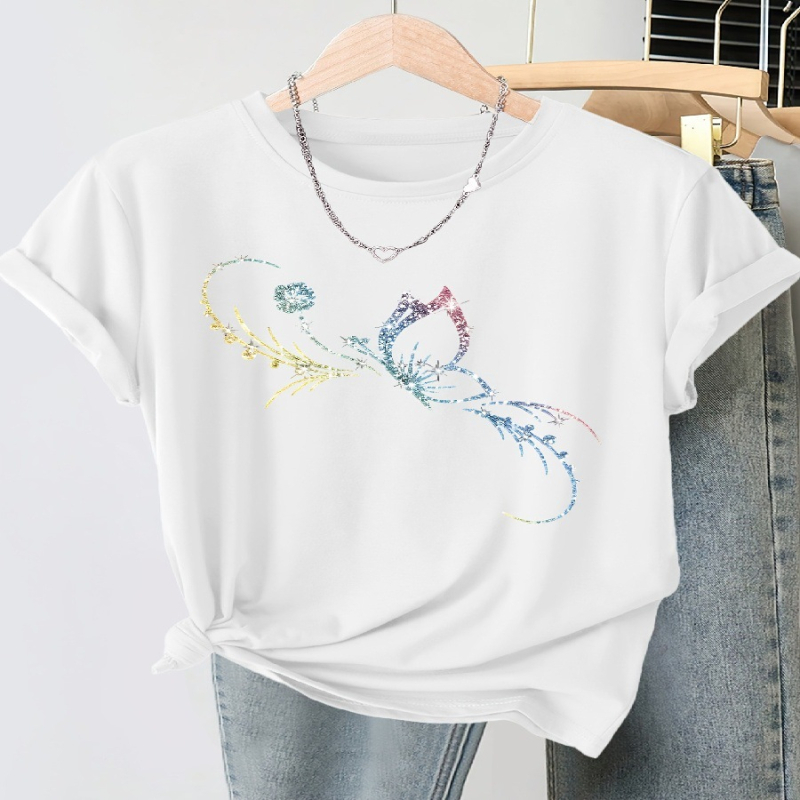 2026 άνοιξη εκτυπωμένο T‑shirt με στρογγυλή λαιμόκοψη, μεγάλο μέγεθος, κοντό μανίκι