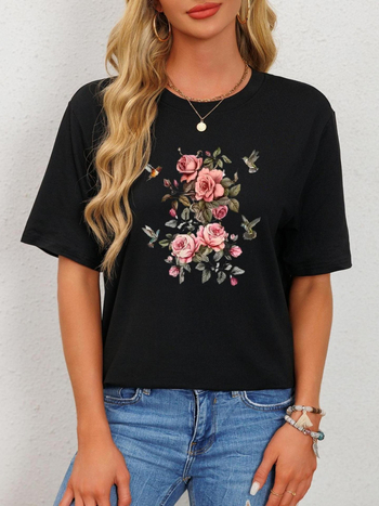 2025 Γυναικείο καλοκαιρινό T‑shirt με στρογγυλή λαιμόκοψη και πτώσεις ώμων, άνετη χαλαρή γραμμή, μοτίβο 3D εκτύπωσης, oversized
