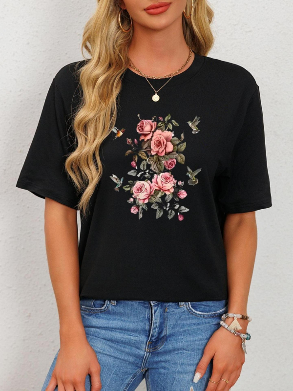 2025 Γυναικείο καλοκαιρινό T‑shirt με στρογγυλή λαιμόκοψη και πτώσεις ώμων, άνετη χαλαρή γραμμή, μοτίβο 3D εκτύπωσης, oversized