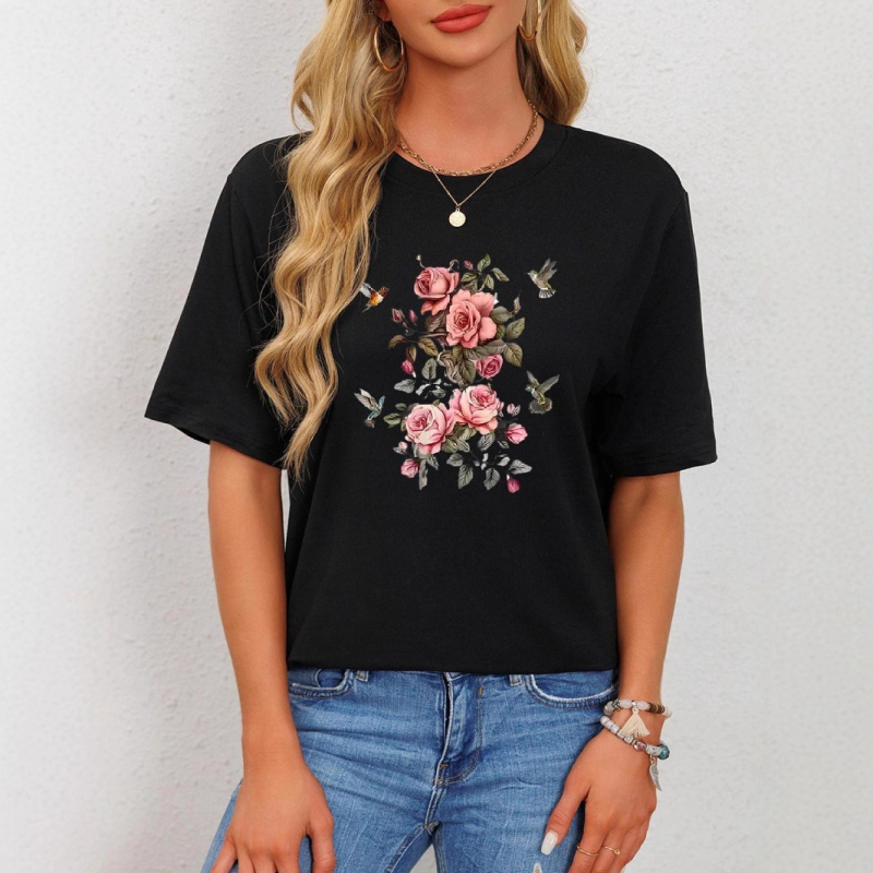 2025 Γυναικείο καλοκαιρινό T‑shirt με στρογγυλή λαιμόκοψη και πτώσεις ώμων, άνετη χαλαρή γραμμή, μοτίβο 3D εκτύπωσης, oversized