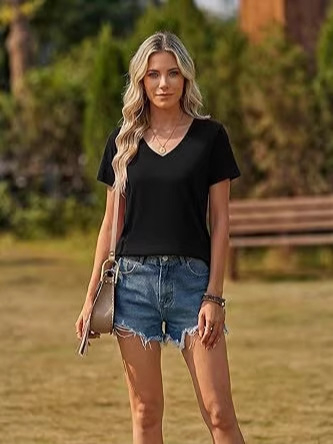 Γυναικείο καλοκαιρινό σετ T‑shirt με κοντά μανίκια και V‑λαιμό, μείγμα βαμβακιού-πολυεστέρα