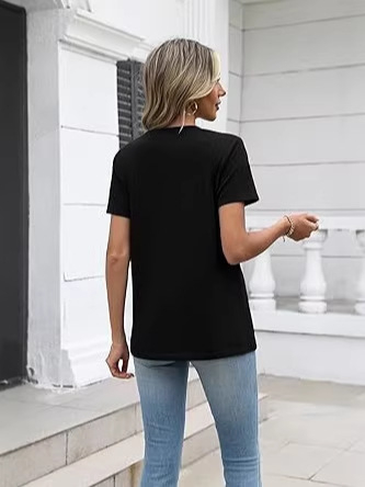 Γυναικείο καλοκαιρινό σετ T‑shirt με κοντά μανίκια και V‑λαιμό, μείγμα βαμβακιού-πολυεστέρα