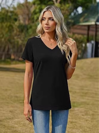 Γυναικείο καλοκαιρινό σετ T‑shirt με κοντά μανίκια και V‑λαιμό, μείγμα βαμβακιού-πολυεστέρα