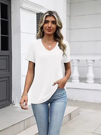 Γυναικείο καλοκαιρινό σετ T‑shirt με κοντά μανίκια και V‑λαιμό, μείγμα βαμβακιού-πολυεστέρα