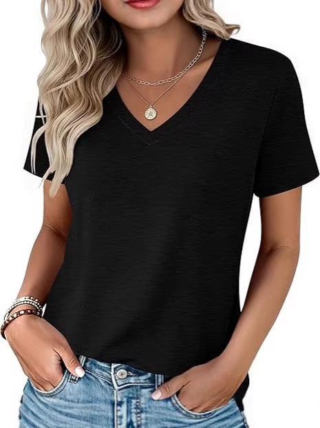 Γυναικείο καλοκαιρινό σετ T‑shirt με κοντά μανίκια και V‑λαιμό, μείγμα βαμβακιού-πολυεστέρα