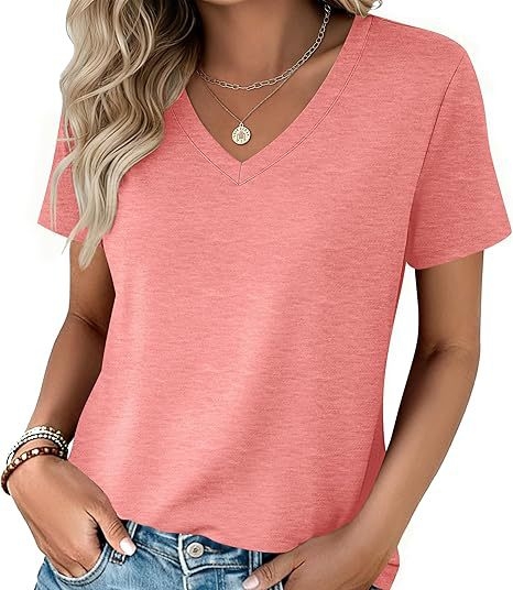 Γυναικείο καλοκαιρινό σετ T‑shirt με κοντά μανίκια και V‑λαιμό, μείγμα βαμβακιού-πολυεστέρα