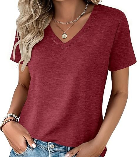 Γυναικείο καλοκαιρινό σετ T‑shirt με κοντά μανίκια και V‑λαιμό, μείγμα βαμβακιού-πολυεστέρα