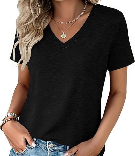 Γυναικείο καλοκαιρινό σετ T‑shirt με κοντά μανίκια και V‑λαιμό, μείγμα βαμβακιού-πολυεστέρα