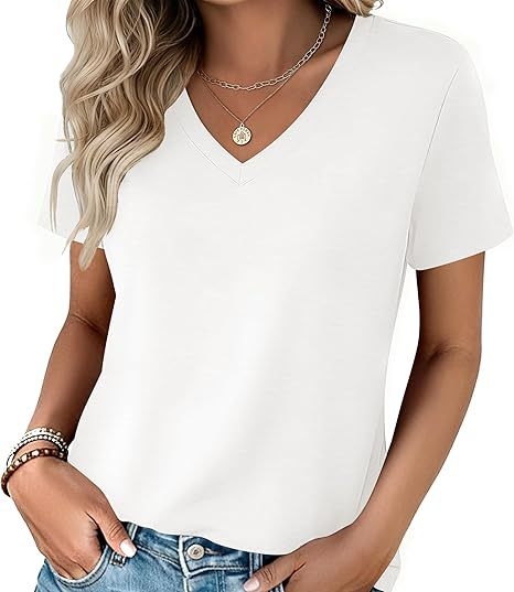 Γυναικείο καλοκαιρινό σετ T‑shirt με κοντά μανίκια και V‑λαιμό, μείγμα βαμβακιού-πολυεστέρα