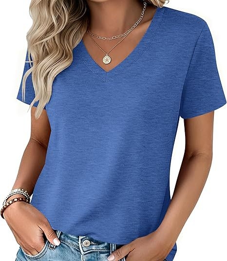 Γυναικείο καλοκαιρινό σετ T‑shirt με κοντά μανίκια και V‑λαιμό, μείγμα βαμβακιού-πολυεστέρα