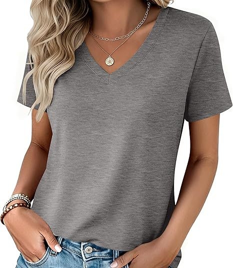 Γυναικείο καλοκαιρινό σετ T‑shirt με κοντά μανίκια και V‑λαιμό, μείγμα βαμβακιού-πολυεστέρα
