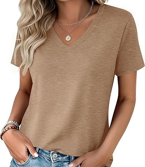 Γυναικείο καλοκαιρινό σετ T‑shirt με κοντά μανίκια και V‑λαιμό, μείγμα βαμβακιού-πολυεστέρα