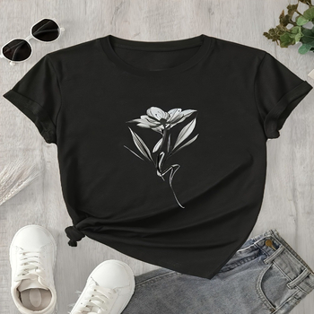 Άνοιξη 2026 Εκτυπωμένο T‑shirt με στρογγυλό λαιμό, σε μεγάλο μέγεθος, κοντά μανίκια