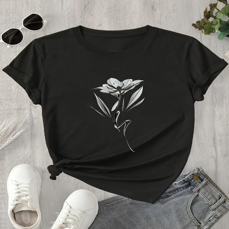 Άνοιξη 2026 Εκτυπωμένο T‑shirt με στρογγυλό λαιμό, σε μεγάλο μέγεθος, κοντά μανίκια