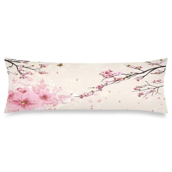 Akvarell-stílusú hosszú párnahuzat, rózsaszín sakura virágokkal, cipzárral