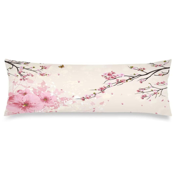 Akvarell-stílusú hosszú párnahuzat, rózsaszín sakura virágokkal, cipzárral