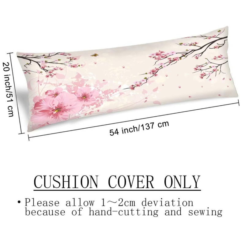 Akvarell-stílusú hosszú párnahuzat, rózsaszín sakura virágokkal, cipzárral