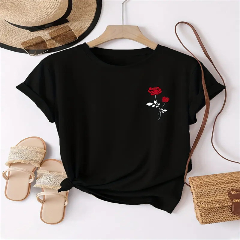 Γυναικείο καλοκαιρινό T‑shirt με εκτύπωση, κοντό μανίκι, στρογγυλή λαιμόκοψη – casual μόδα