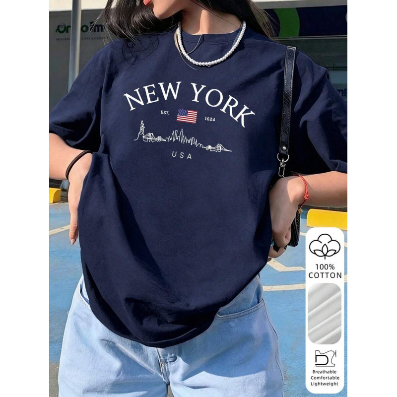Γυναικείο oversize T‑shirt με στρογγυλό λαιμό, κοντό μανίκι, 100% βαμβάκι, γεωμετρικό μοτίβο, Ευρωπαϊκό μέγεθος