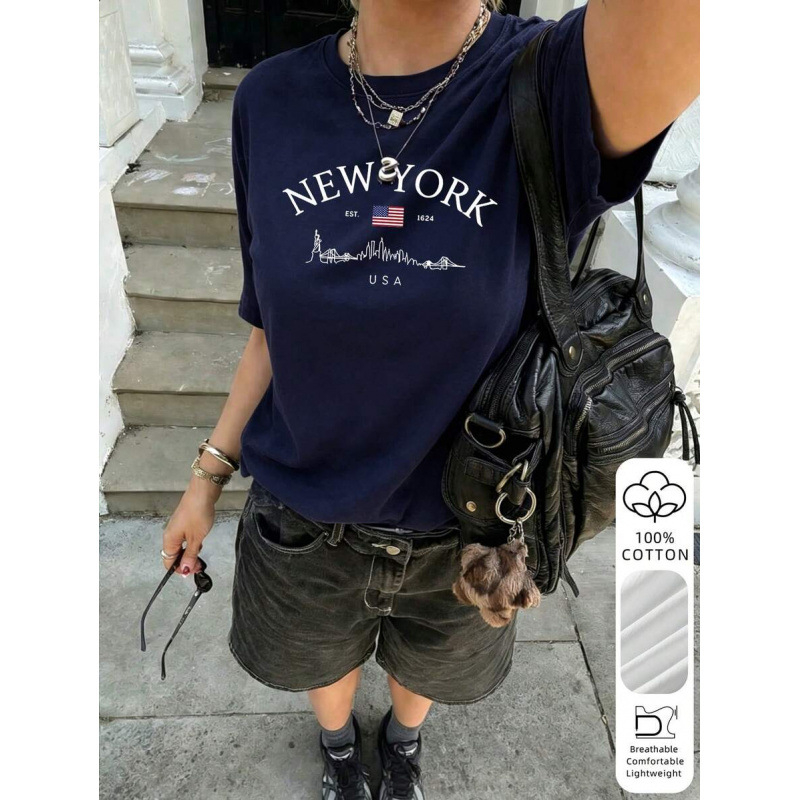 Γυναικείο oversize T‑shirt με στρογγυλό λαιμό, κοντό μανίκι, 100% βαμβάκι, γεωμετρικό μοτίβο, Ευρωπαϊκό μέγεθος