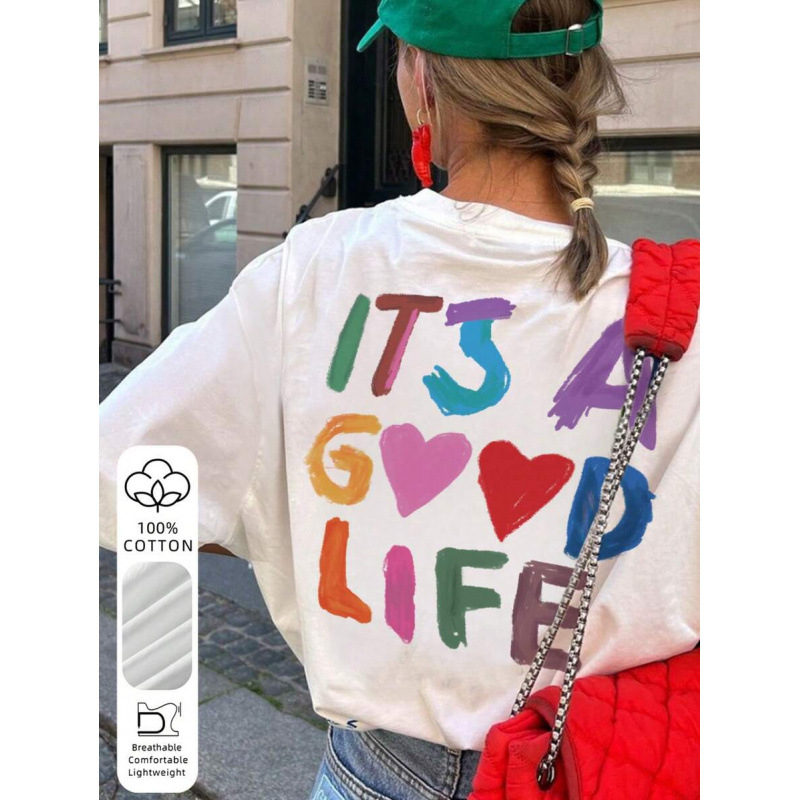 Γυναικείο oversize T‑shirt με στρογγυλό λαιμό, κοντό μανίκι, 100% βαμβάκι, γεωμετρικό μοτίβο, Ευρωπαϊκό μέγεθος