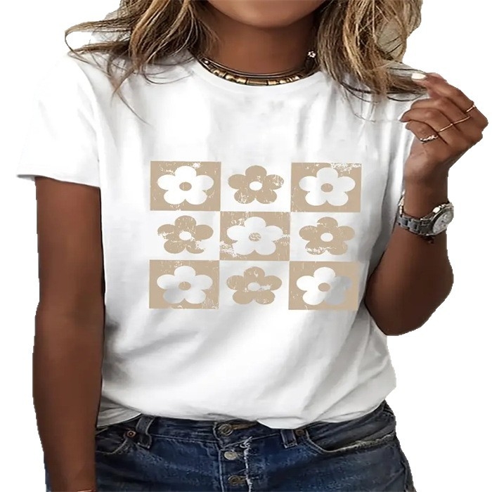 Tricou de vară pentru femei cu imprimeu – casual, drăguț, mâneci scurte, guler rotund, croială lejeră