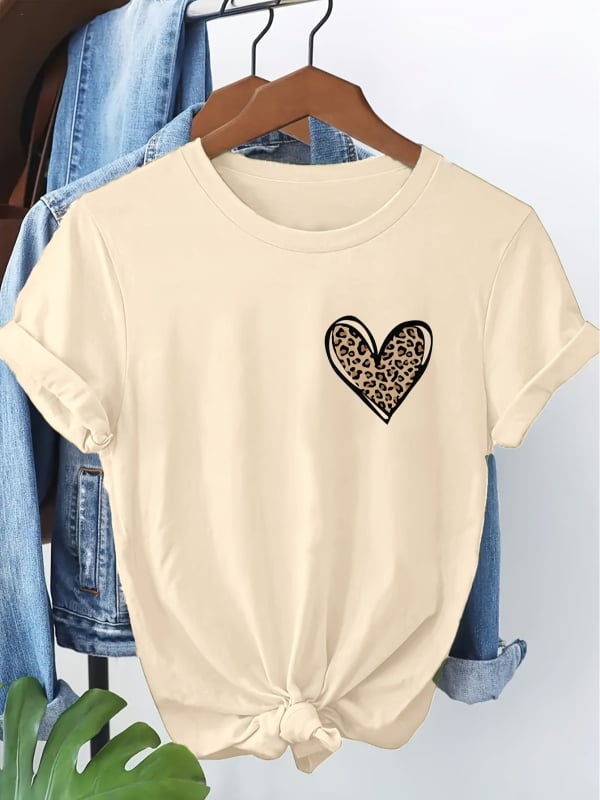 Tricou damă cu imprimeu leopard în formă de inimă pentru primăvară-vară, guler rotund, mâneci scurte, top casual