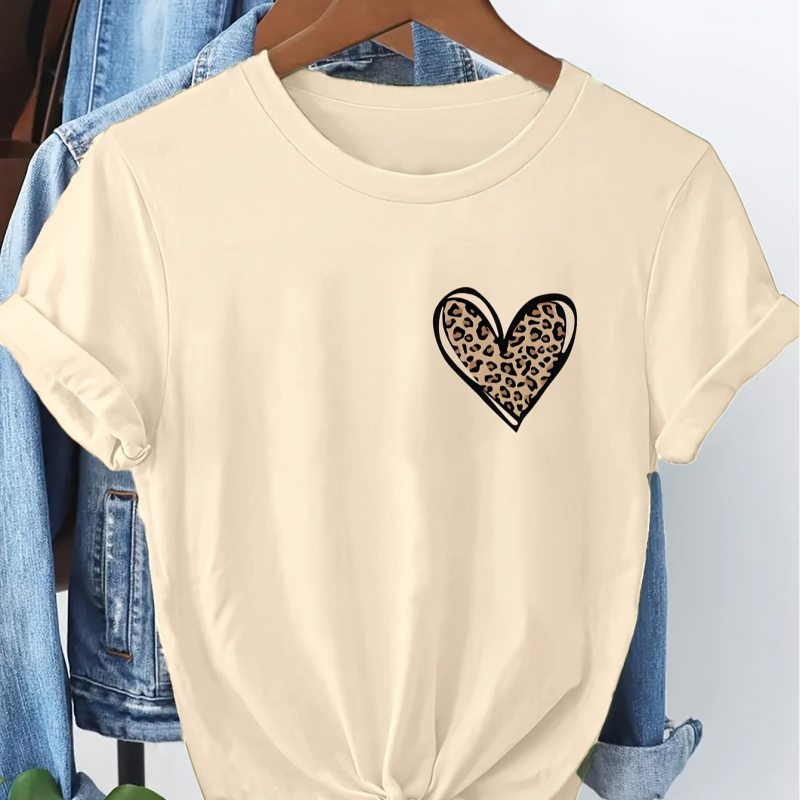Tricou damă cu imprimeu leopard în formă de inimă pentru primăvară-vară, guler rotund, mâneci scurte, top casual