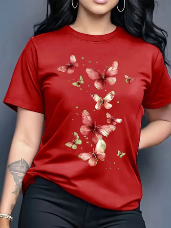 2026 Vară Tricou dama cu guler rotund, mânecă scurtă, croială lejeră, stil casual, la modă, mărime mare