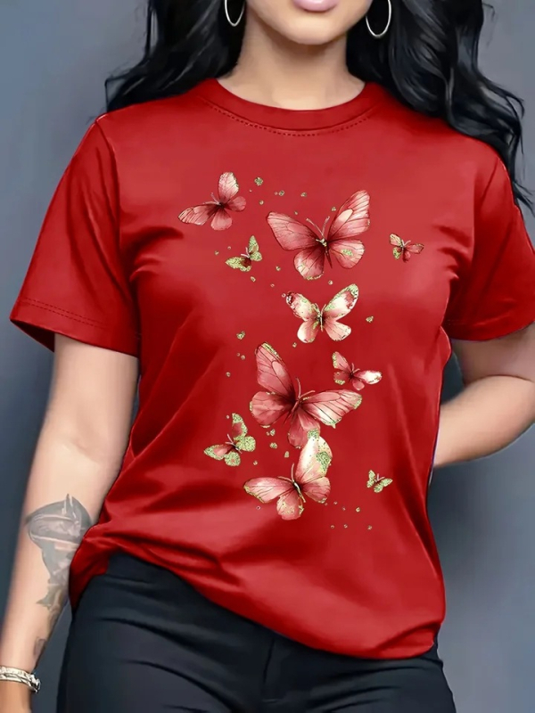 2026 Vară Tricou dama cu guler rotund, mânecă scurtă, croială lejeră, stil casual, la modă, mărime mare
