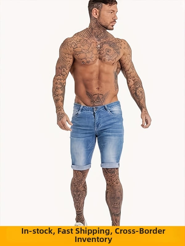 Férfi denim capri nadrág, elasztikus derekú, egyenes szabású, farmer