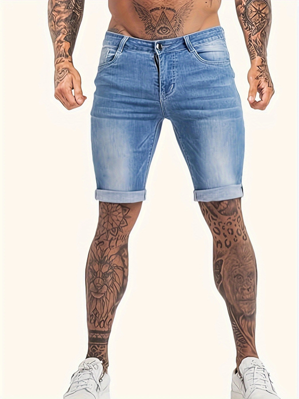 Férfi denim capri nadrág, elasztikus derekú, egyenes szabású, farmer