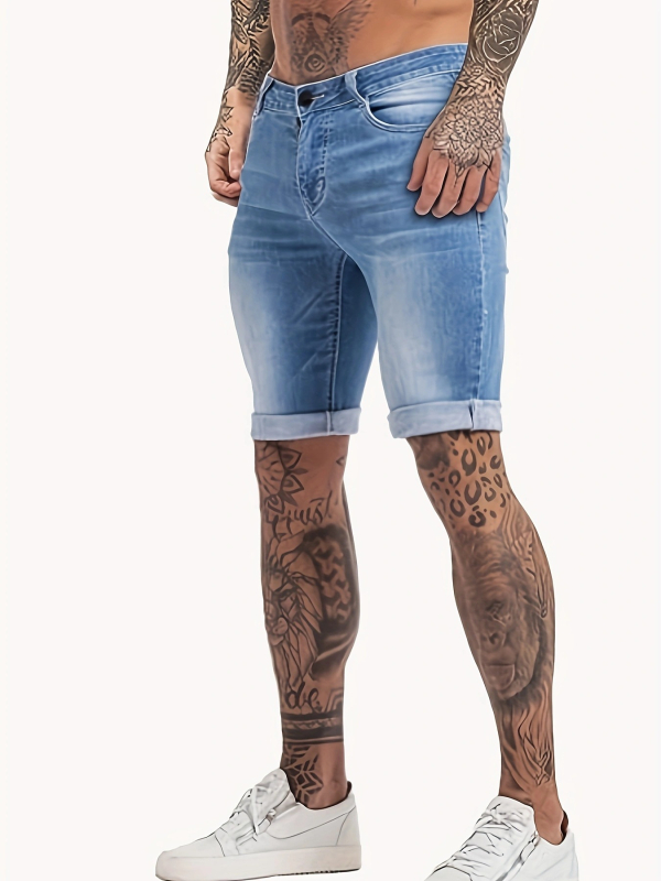 Férfi denim capri nadrág, elasztikus derekú, egyenes szabású, farmer