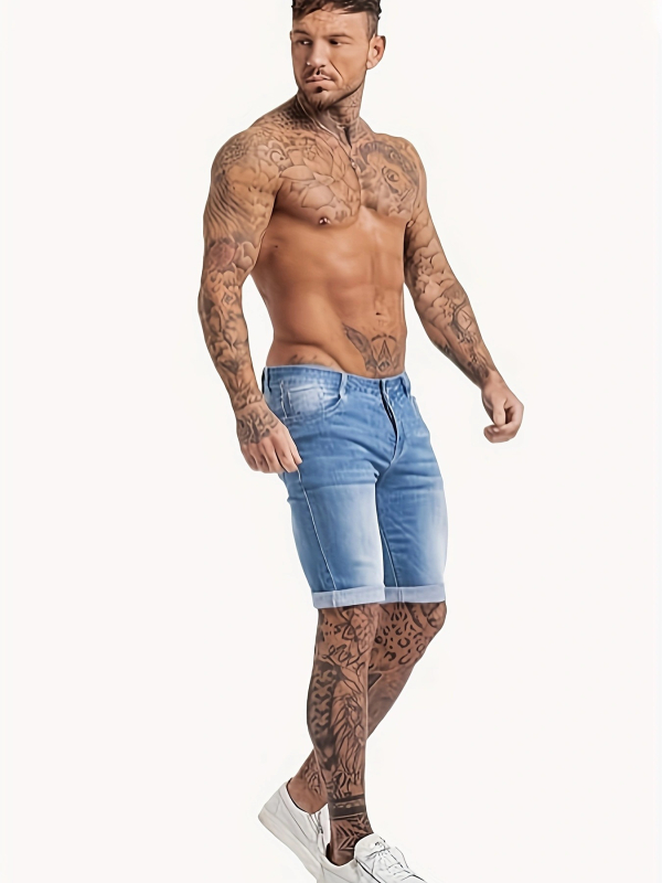 Férfi denim capri nadrág, elasztikus derekú, egyenes szabású, farmer