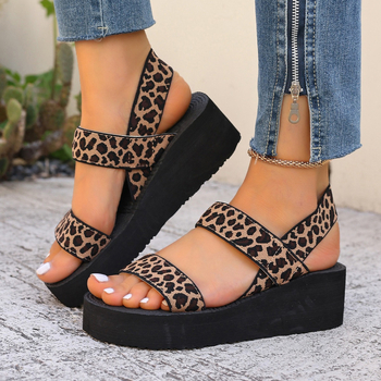 Ženske sandale s leopardim uzorkom, debela potplata i platforma, casual slip-on za plažu