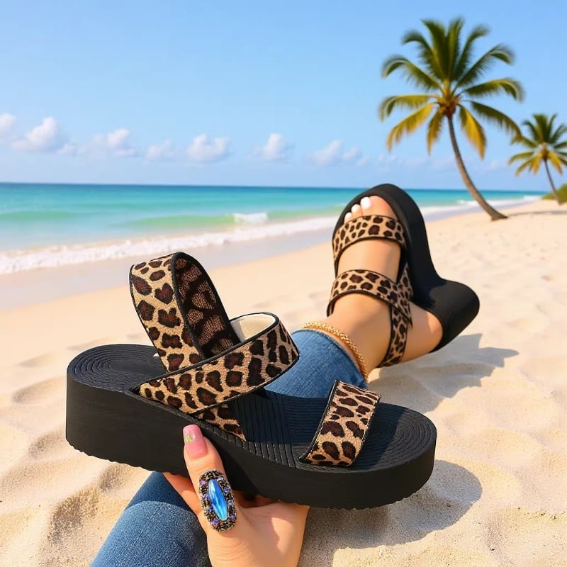 Ženske sandale s leopardim uzorkom, debela potplata i platforma, casual slip-on za plažu