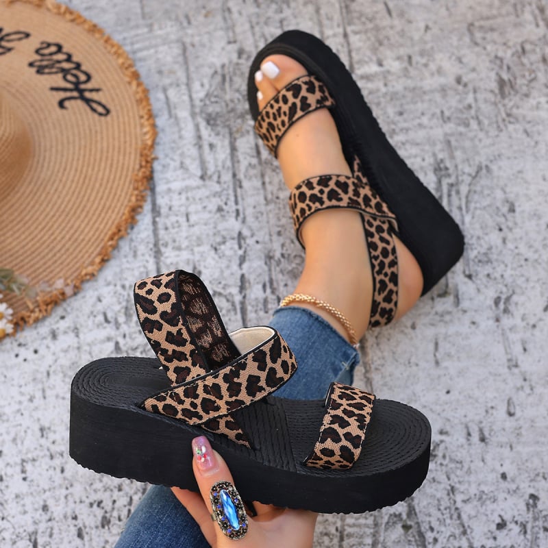 Ženske sandale s leopardim uzorkom, debela potplata i platforma, casual slip-on za plažu