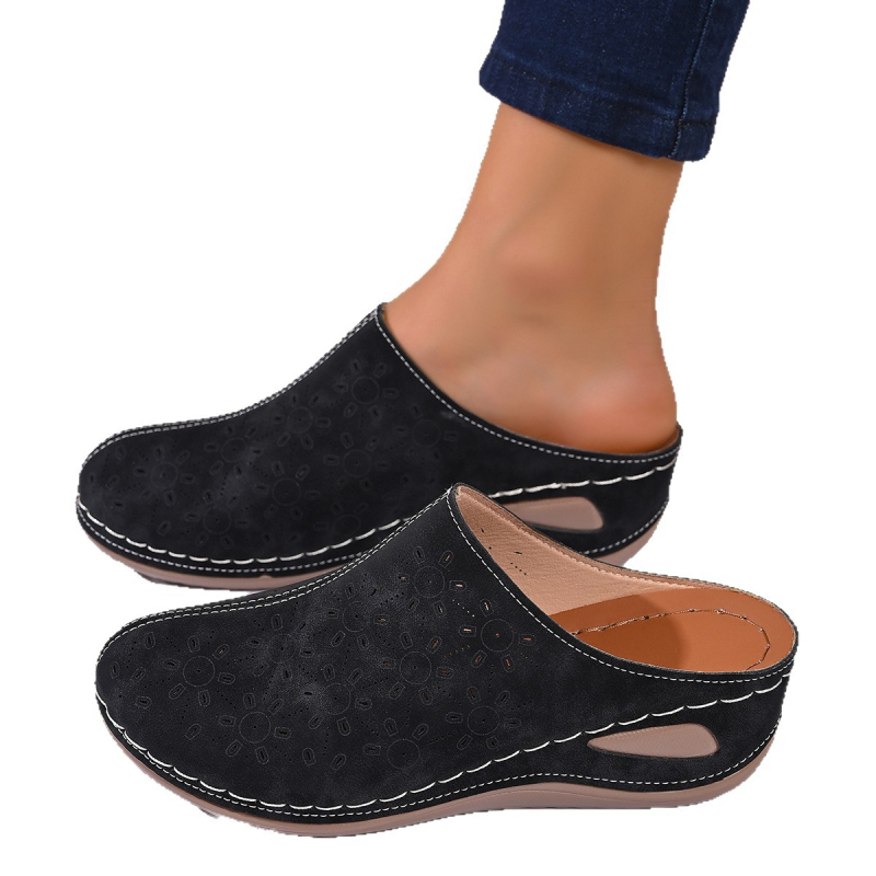 Papuci de vară pentru femei, vârf închis, talpă groasă, PU partea superioară și căptușeala, talpă de cauciuc, spate deschis, stil casual