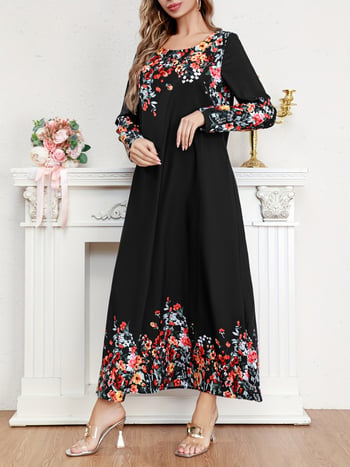 Maxi šaty s potlačou, veľkosť plus, polyester, voľný strih, 3/4 rukávy, letný kúsok