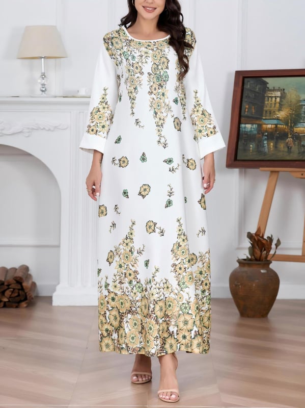 Maxi šaty s potlačou, veľkosť plus, polyester, voľný strih, 3/4 rukávy, letný kúsok