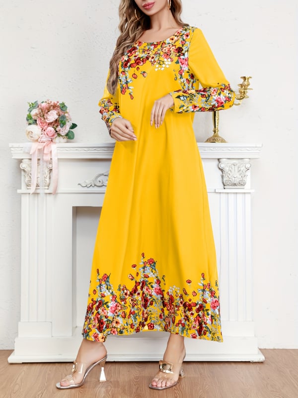 Maxi šaty s potlačou, veľkosť plus, polyester, voľný strih, 3/4 rukávy, letný kúsok