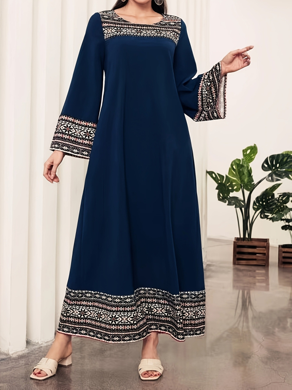 Maxi šaty s potlačou, veľkosť plus, polyester, voľný strih, 3/4 rukávy, letný kúsok