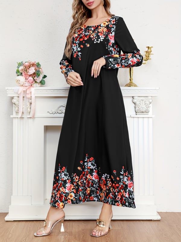 Maxi šaty s potlačou, veľkosť plus, polyester, voľný strih, 3/4 rukávy, letný kúsok